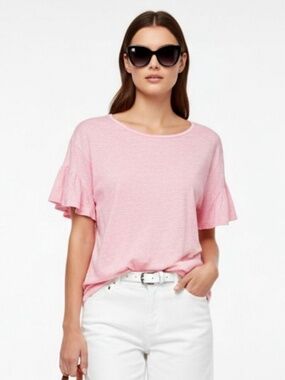 J. Crew Pink Linen Short Ruffle Flutter Sleeve Top Sz M